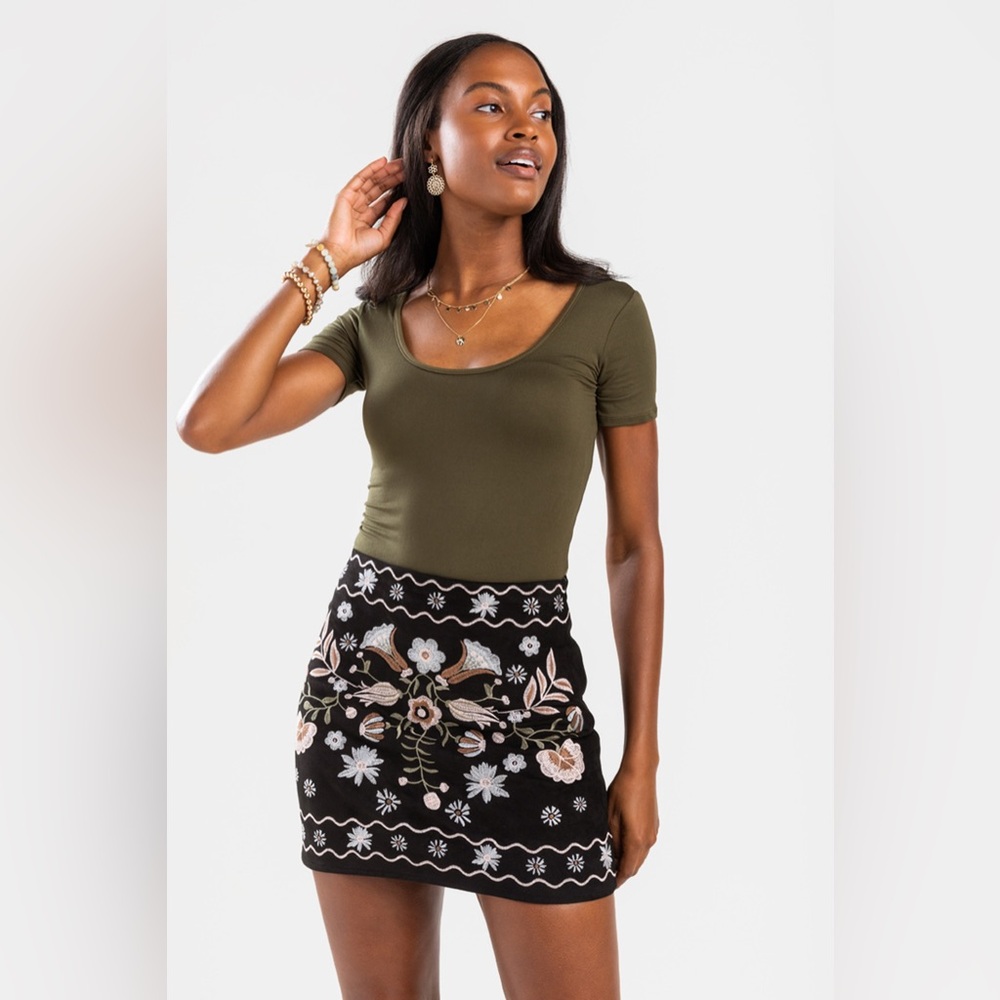 Mi Ami Billie Embroidered Mini Skirt; Suede Like Boho Skirt - Picture 2 of 12